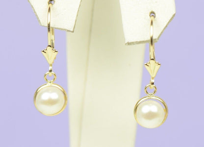 14k Yellow Gold Genuine White Natural Pearl Dangle Earrings