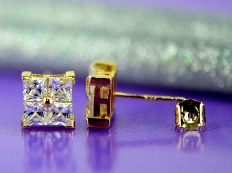 14K Yellow or White Gold Fancy Square CZ Stud Earrings