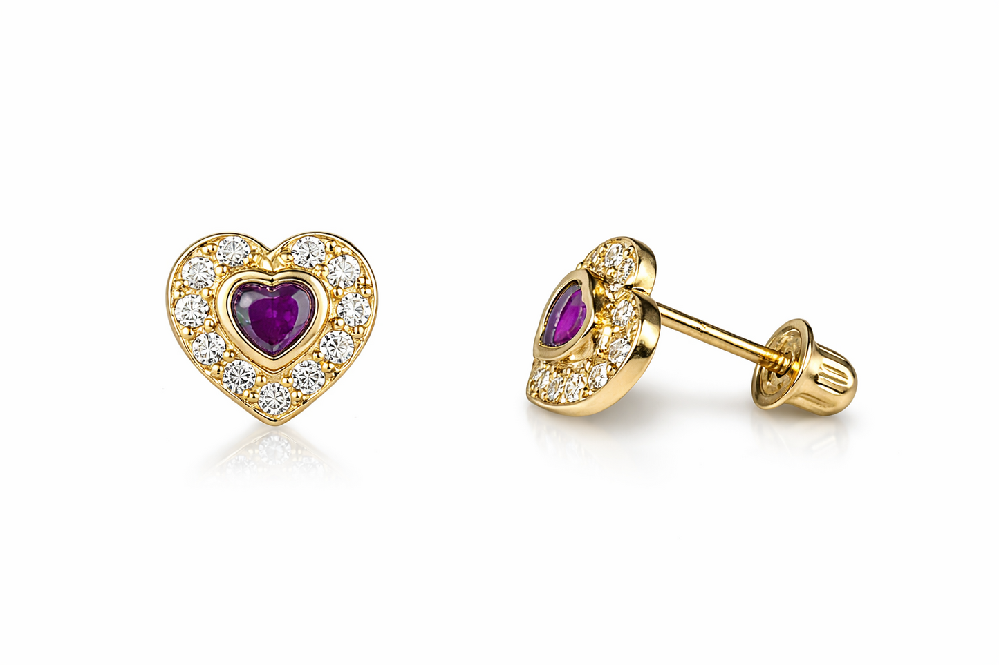 14k Solid Yellow Gold Halo Heart Stud Earrings