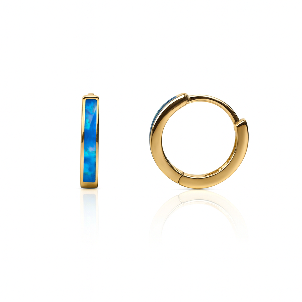 14k White Gold One Row Dark Blue Opal Huggie Hoop Earrings