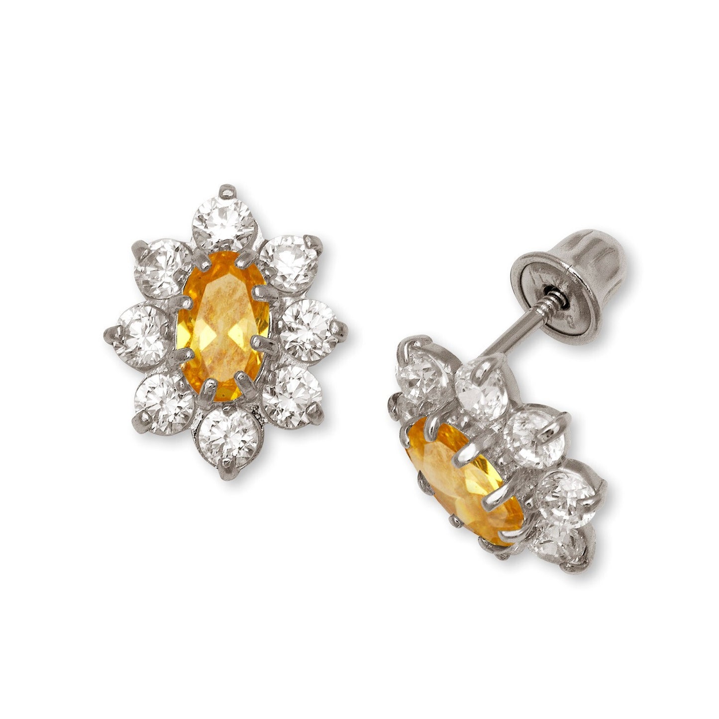 14K Yellow & White Gold CZ Flower Stud Screw Back Earrings for Women
