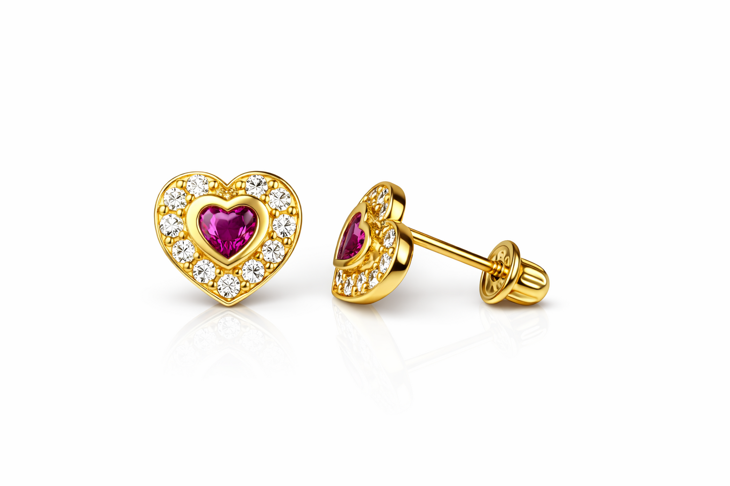 14K Yellow Gold Birthstone Heart with CZ Stud Earrings Screw Back