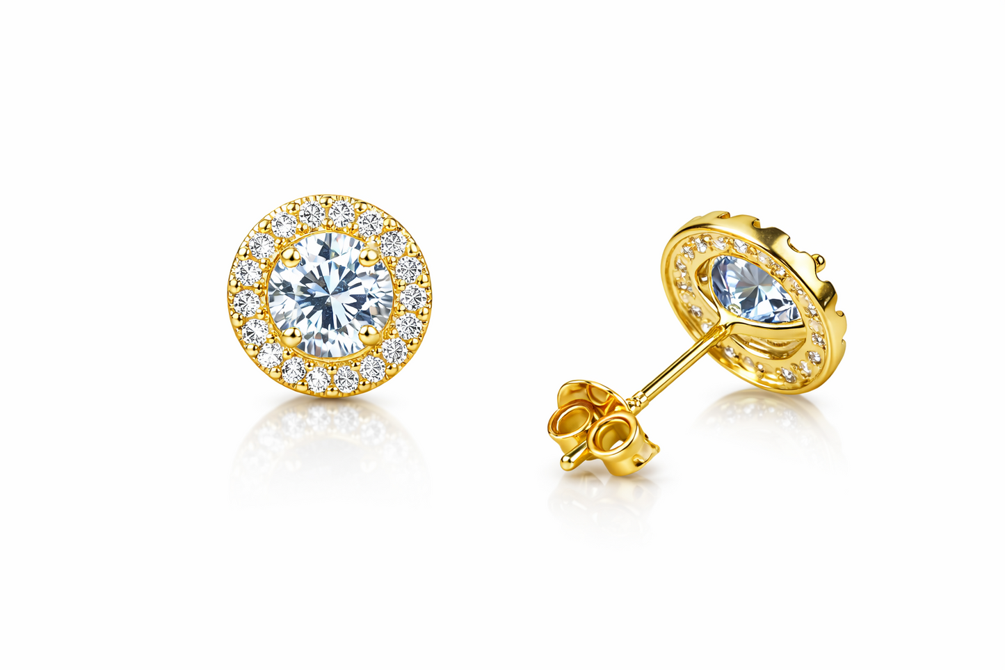 14k Yellow Gold Halo Stud Earrings with Push Back