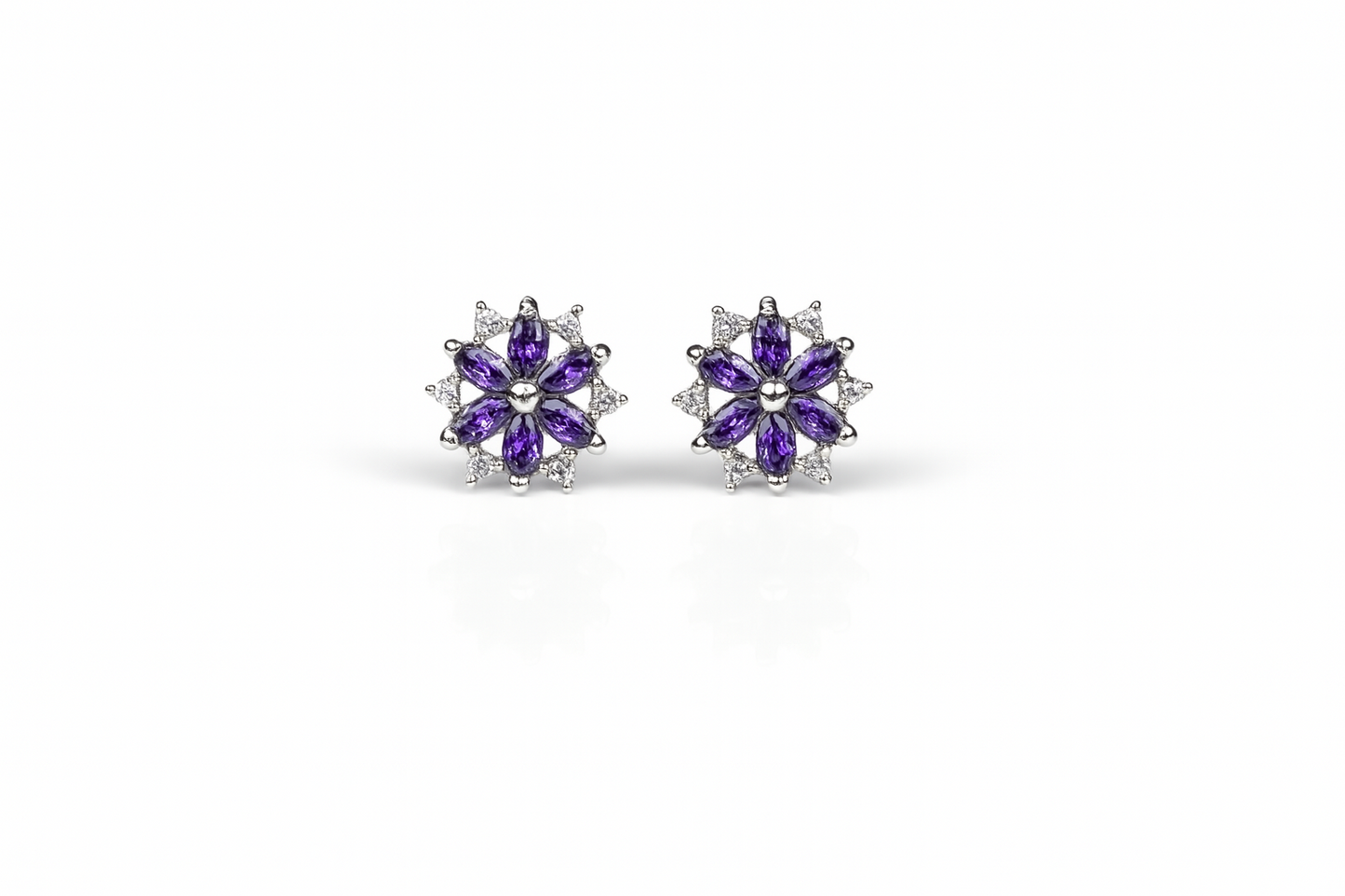 14K  White Gold Beautiful CZ Flower Stud Earrings for Women