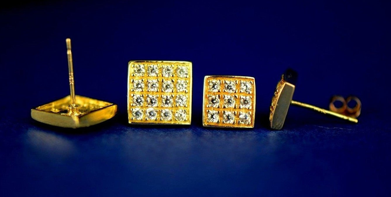 14K Yellow or White Gold Fancy Square CZ Stud Earrings