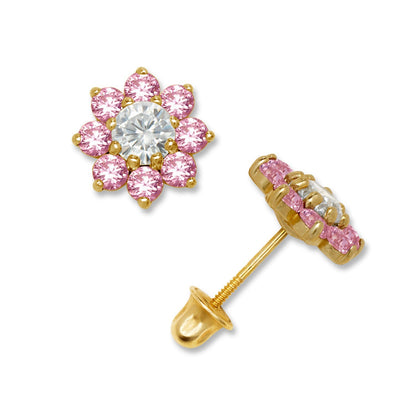 14K Yellow & White Gold Large Beautiful CZ Flower Stud Earrings for Women