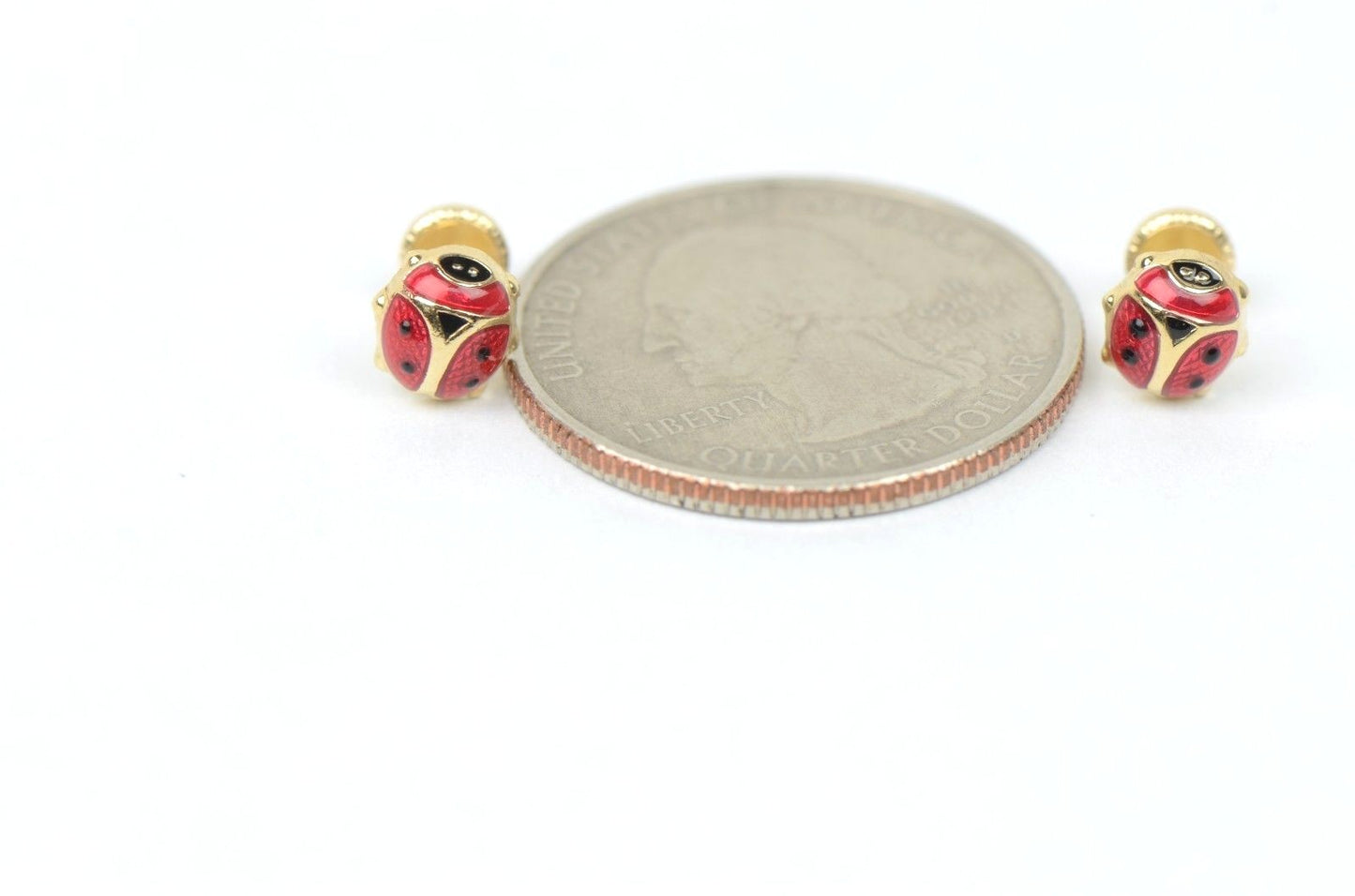 14k Yellow Gold Red and Black Enamel Lady Bug Baby earrings, Screw Back