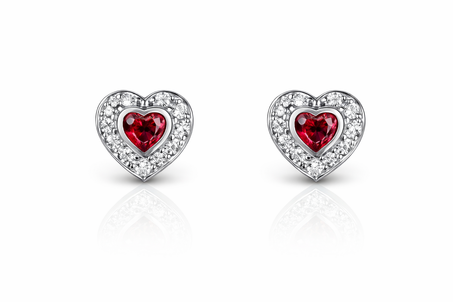 14k Solid White Gold Halo Heart Stud Earrings