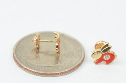 14k Yellow Gold Enamel and CZ Rabbit Baby earrings, Screw Back