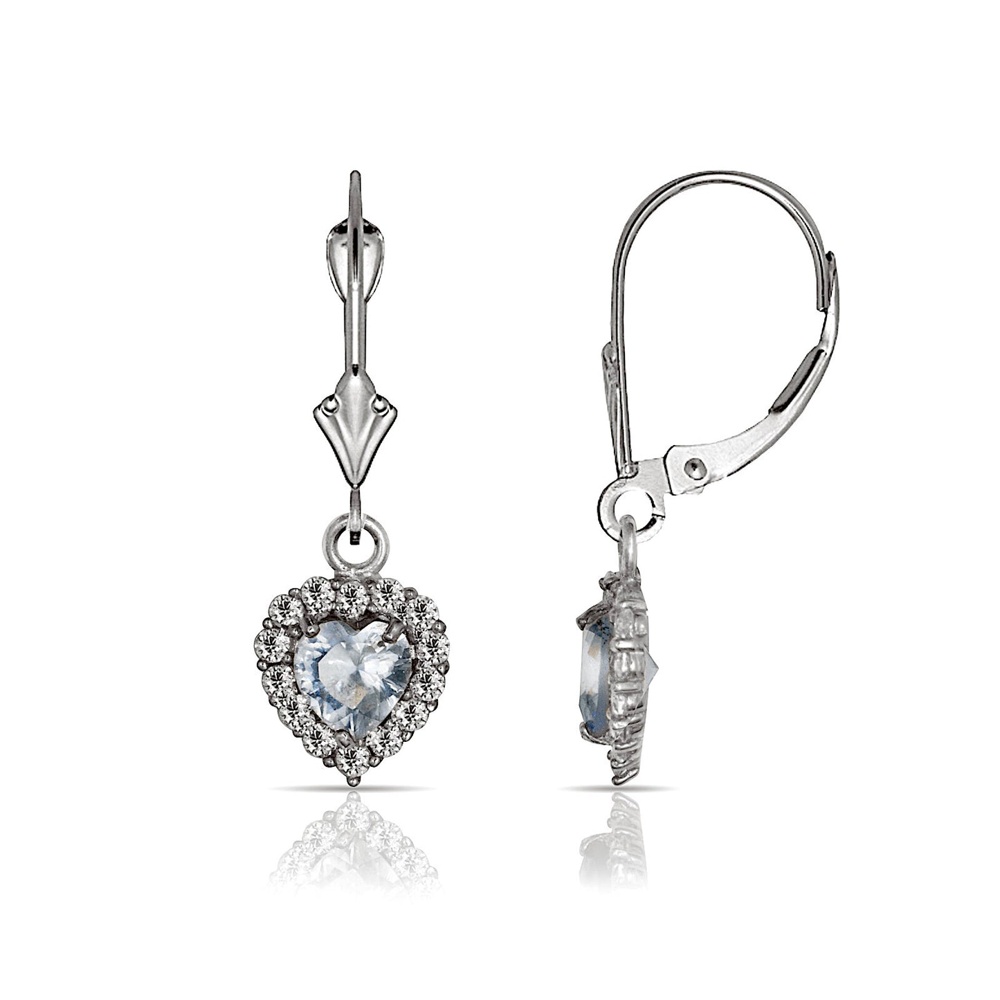 14k White Gold Halo Heart Dangle Leverback Earrings