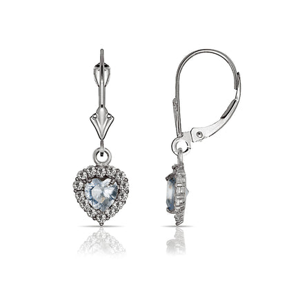 14k White Gold Halo Heart Dangle Leverback Earrings