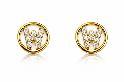 14k Yellow or White Gold Round Initial Letters CZ Stud Earrings