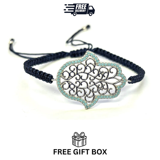 925 Sterling Silver  C Z Hamsa Bracelet 6" Adjustable to 11"