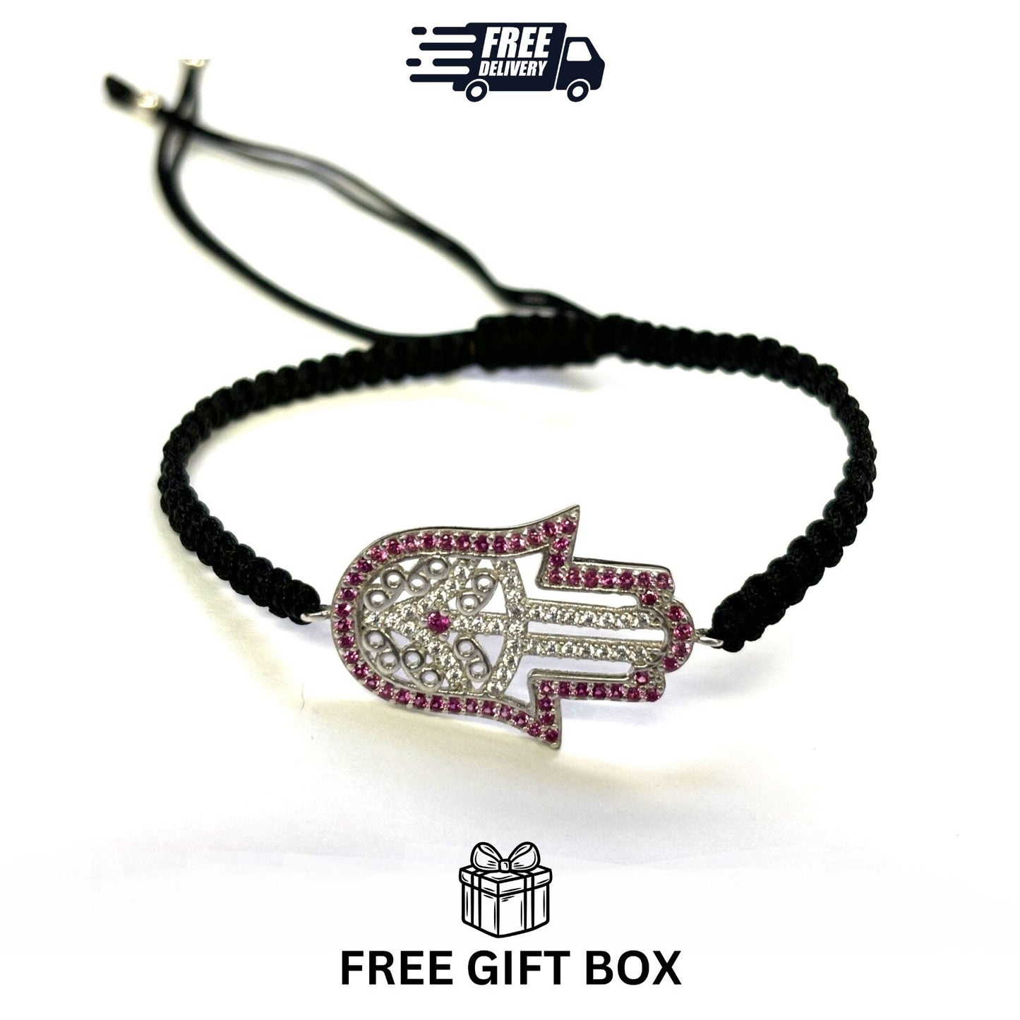 925 Sterling Silver  C Z Hamsa Bracelet 6" Adjustable to 11"