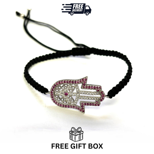 925 Sterling Silver  C Z Hamsa Bracelet 6" Adjustable to 11"