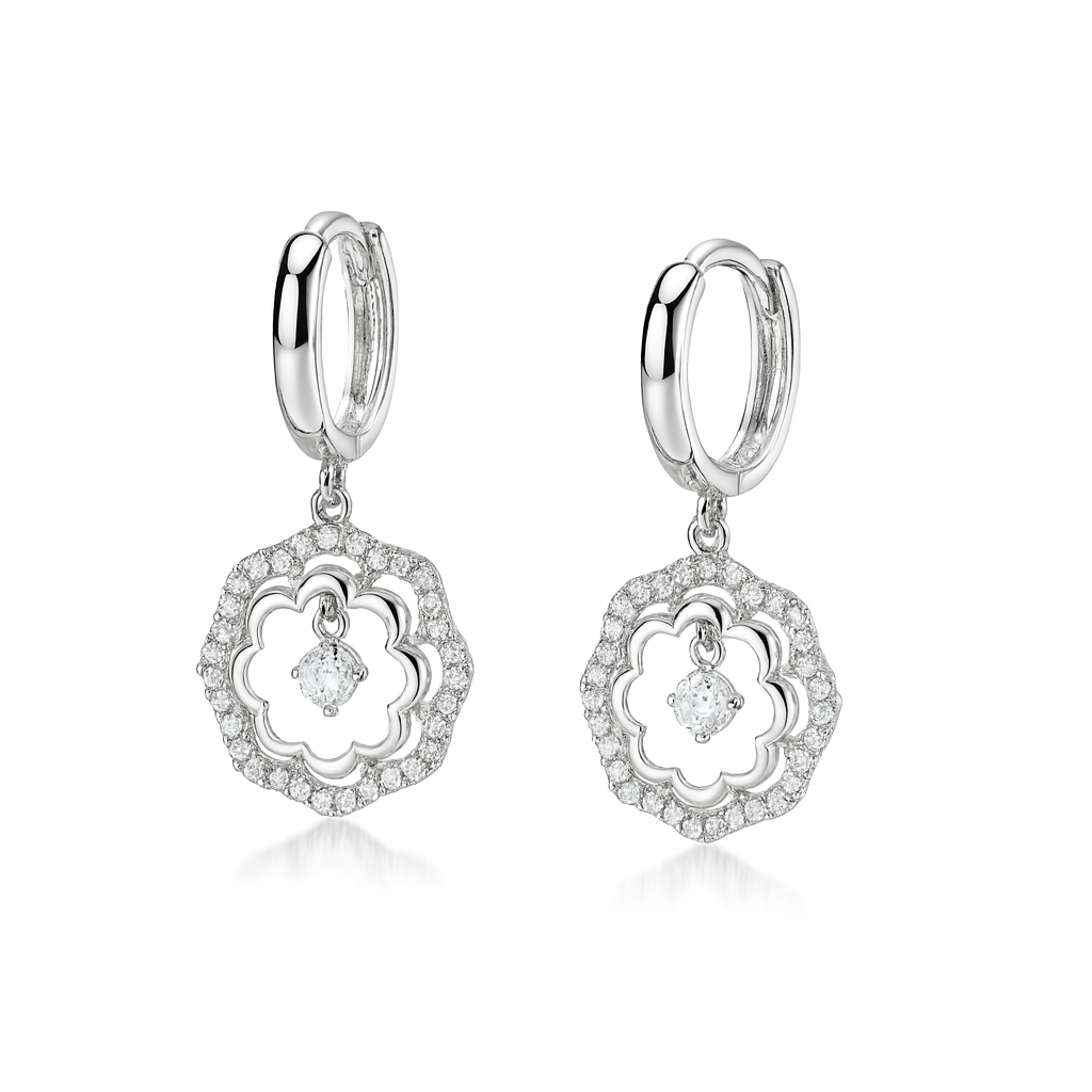 14k Yellow / White Gold Dangle CZ Flower Huggie Earrings