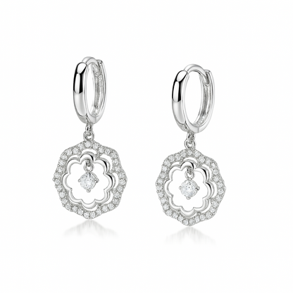 14k Yellow / White Gold Dangle CZ Flower Huggie Earrings