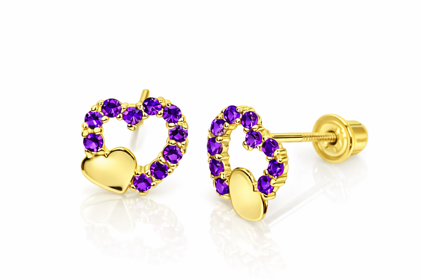 14K Yellow or White Gold Double Heart Stud Earrings with CZ  (Cubic Zirconia)