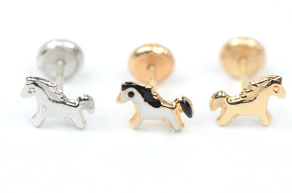 14k Yellow Gold Baby Enamel Horse earrings with Screw Back