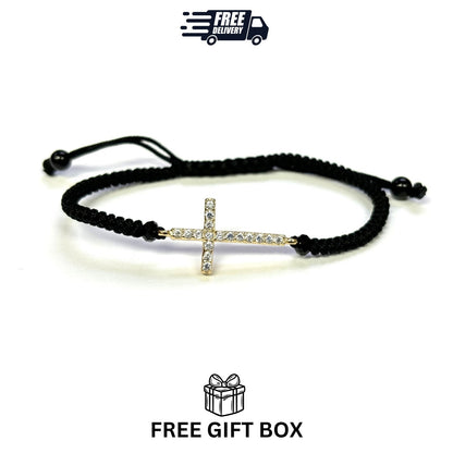 925 Sterling Silver String CZ Bracelet Cross 6" Adjustable to 11"