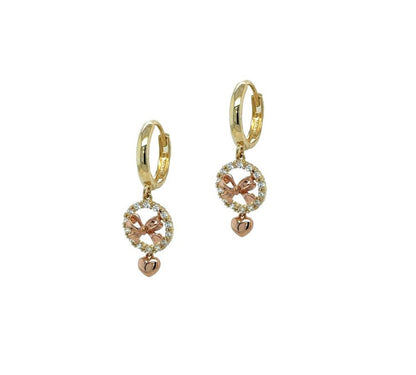 14k Yellow and Rose Gold Dangle Bow Hoop Huggie Earrings