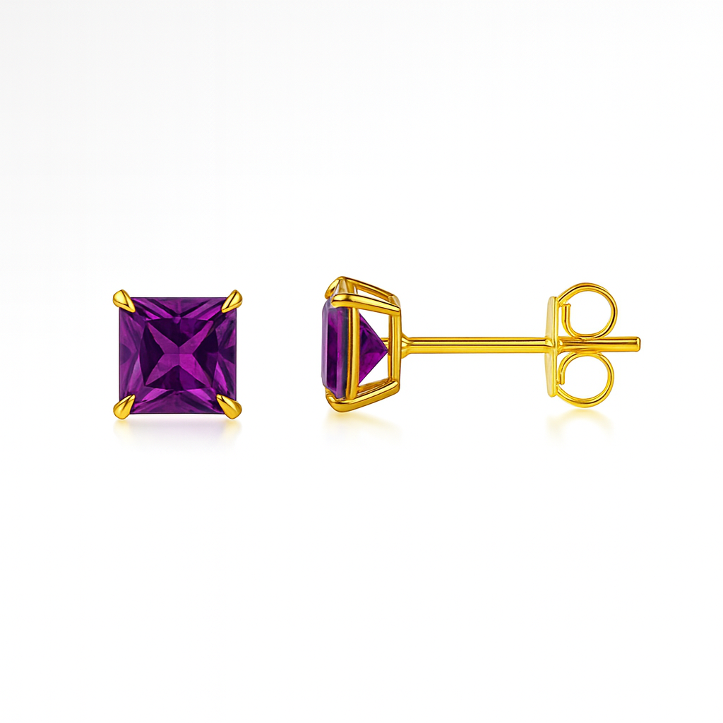 14k Yellow Gold Solid Square Princess Cut Birthstone 4MM CZ Stud Earrings