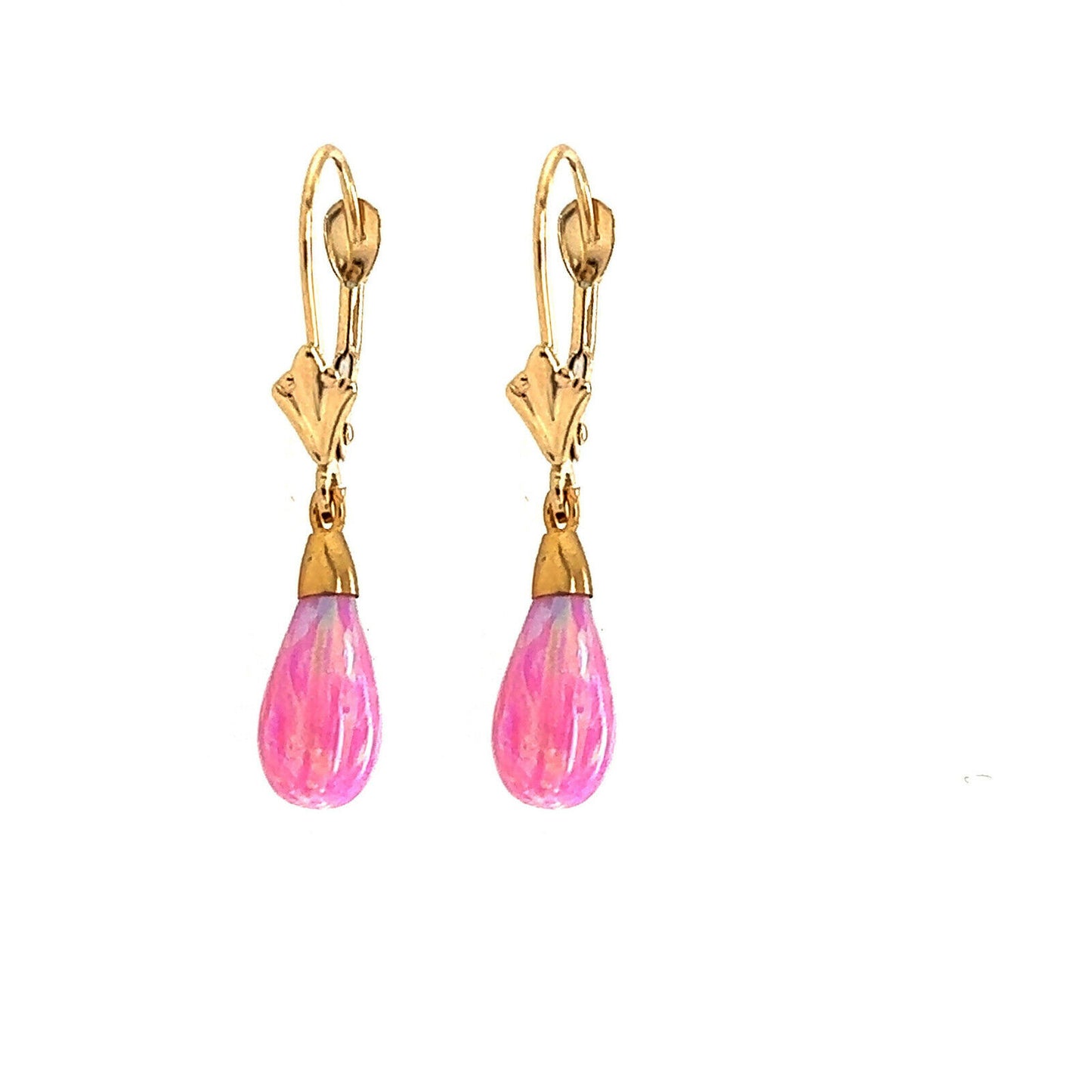 14k-Yellow and White Gold  Dangle Pink  Opal Leverback Earrings