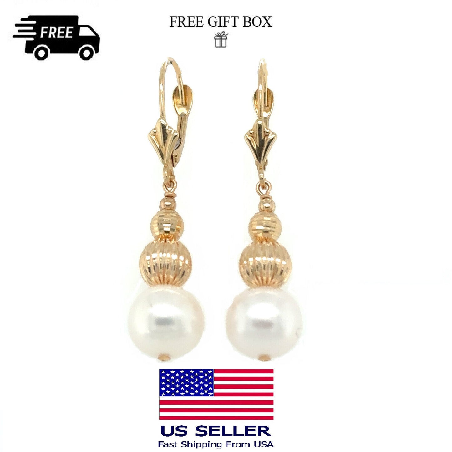 14K Yellow Gold Lever Back  Earrings with Genuine Pearl 8.5mm