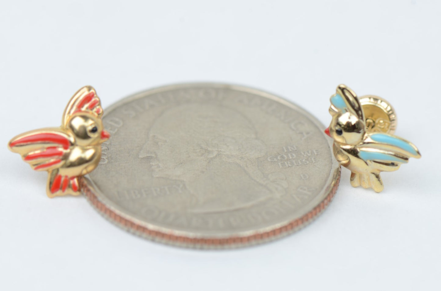 14k Yellow Gold Beautiful Enamel Bird Baby Earrings, Screw Back