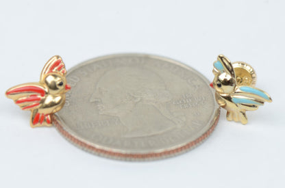 14k Yellow Gold Beautiful Enamel Bird Baby Earrings, Screw Back