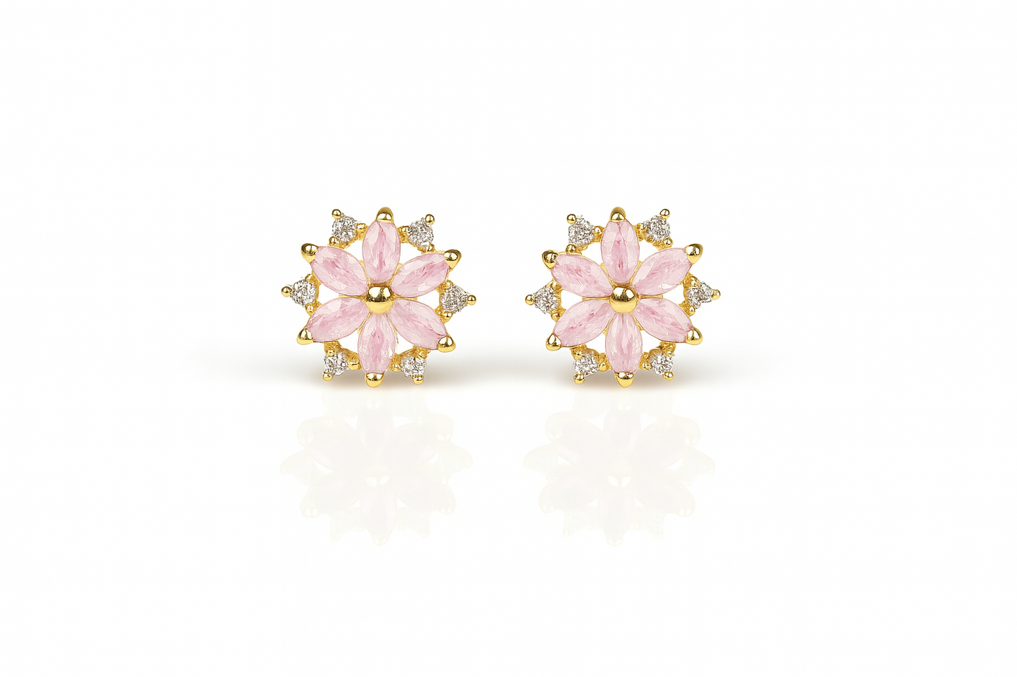 14K  Yellow Gold Beautiful CZ Flower Stud Earrings for Women