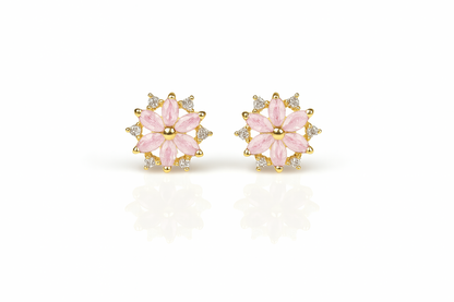 14K  Yellow Gold Beautiful CZ Flower Stud Earrings for Women