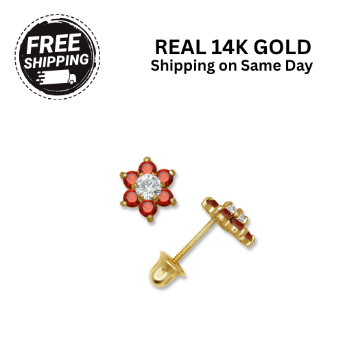 14k Yellow Gold CZ Flower Birthstone Stud Screw Back Earrings