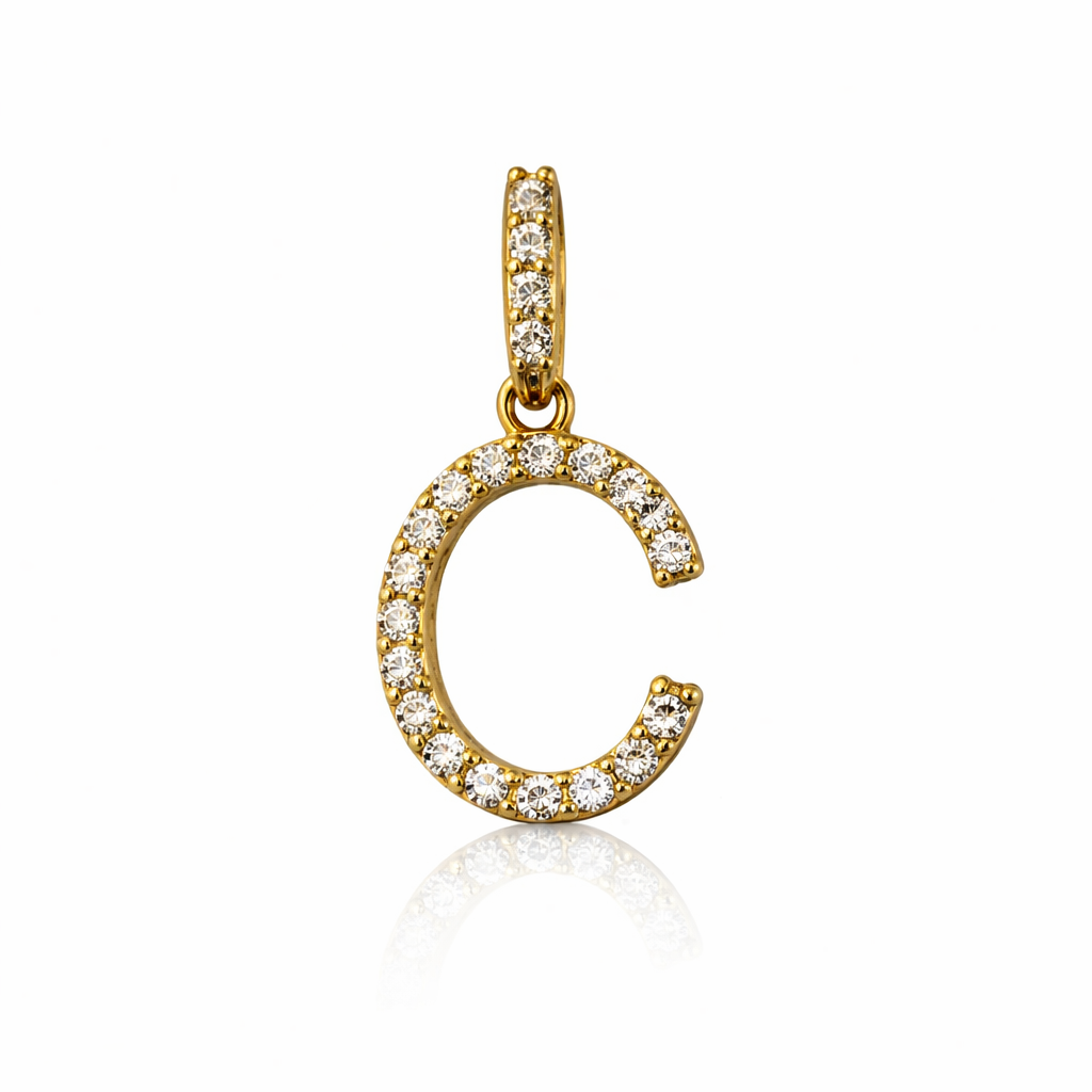 14k Yellow Gold Initial Letter CZ Pendant: Medium