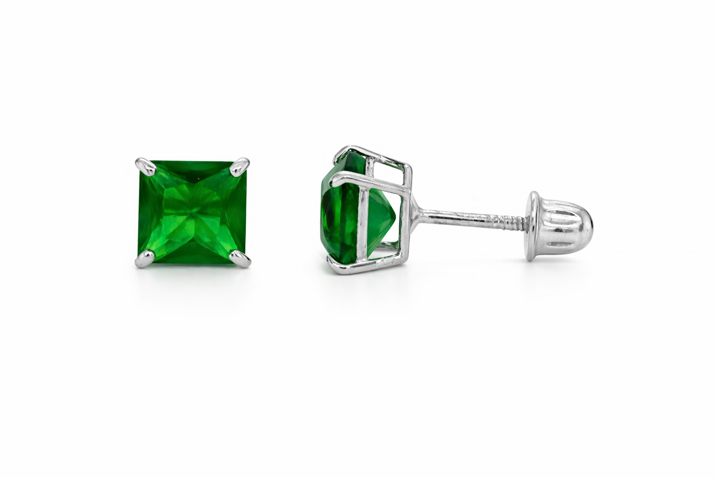 14K Solid White Gold Square Princess Cut CZ Birthstone Stud Earrings All Size