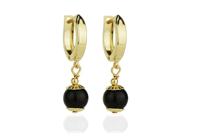 14k Yellow Gold Onyx Huggie Dangle Earrings