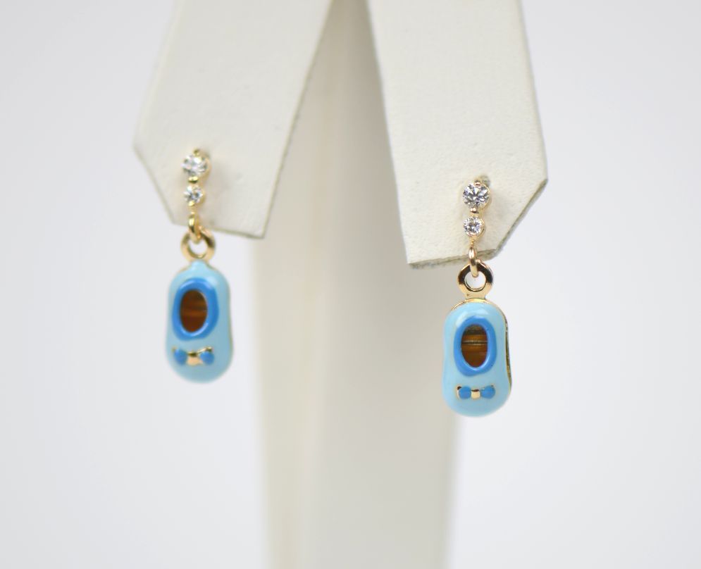 14K Solid Yellow Gold Baby Shoe Enamel Dangle Screw Back Earrings