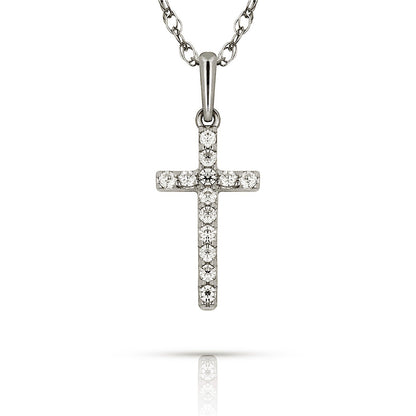 14K Yellow & White Gold Natural Round CZ 6X16mm Cross Pendant For Women