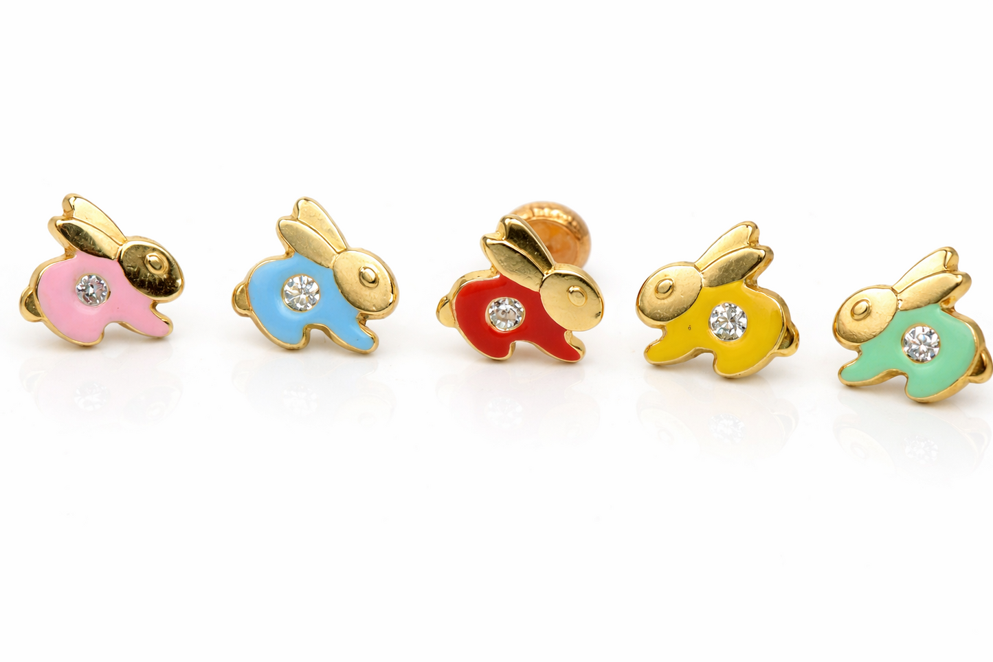 14k Yellow Gold Enamel CZ stud Rabbit screw back earrings
