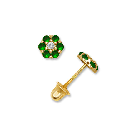 14K Yellow & White Gold Beautiful CZ Flower Stud Earrings for  Girls