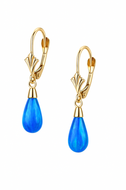 14k-Yellow and White Gold  Dangle Opal Leverback Earrings