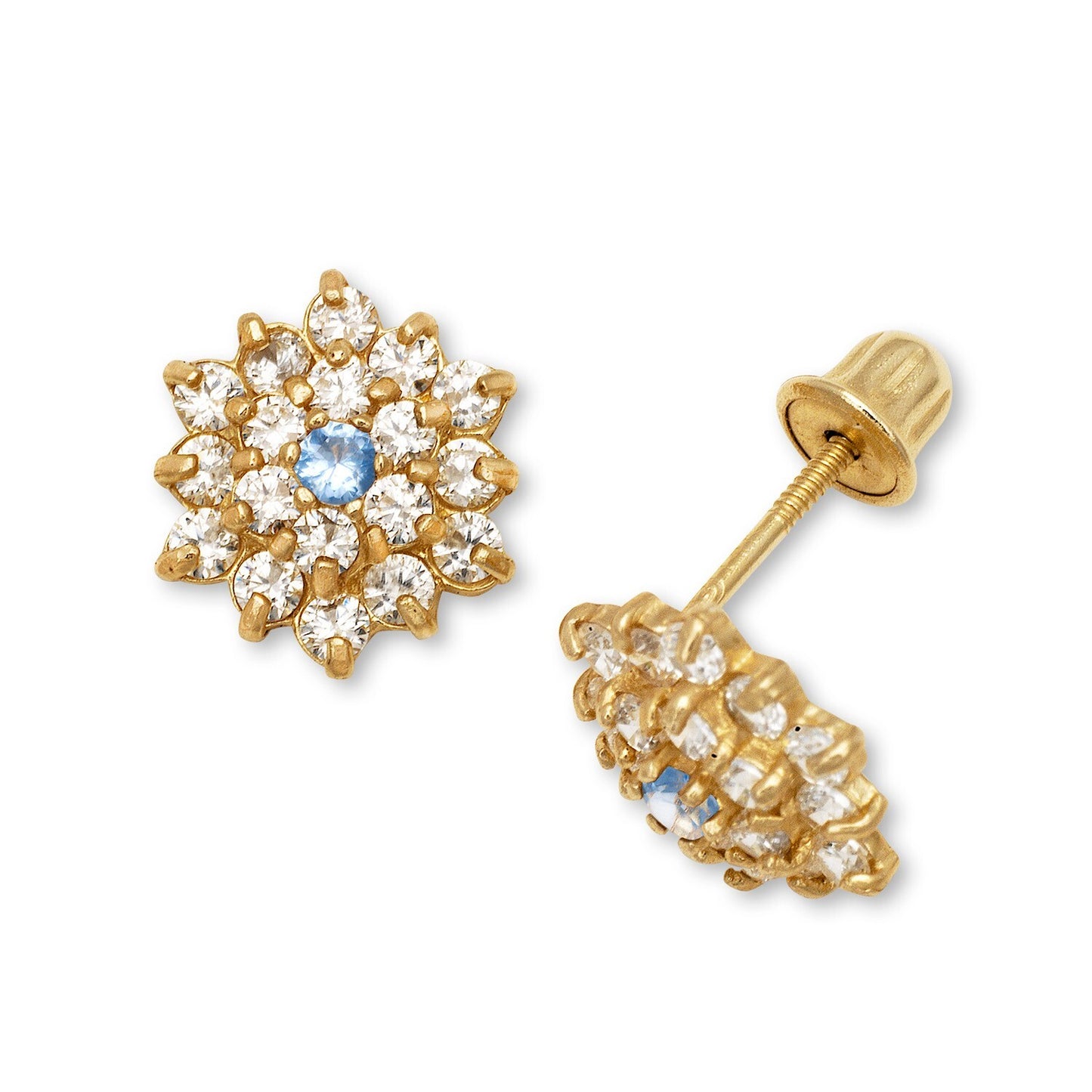 14K Yellow Gold CZ Flower Stud Earrings for Women