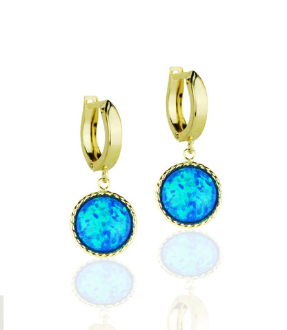 14k Yellow Gold Opal Huggie Dangle Earrings