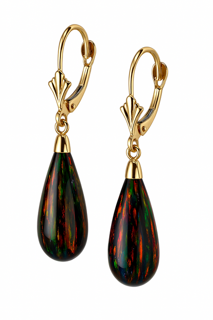 14k Yellow Gold Opal Leverback Earrings