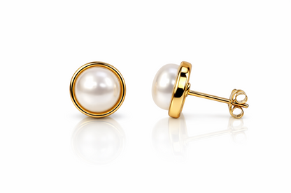 14K Yellow and White Pearl  Stud Earrings