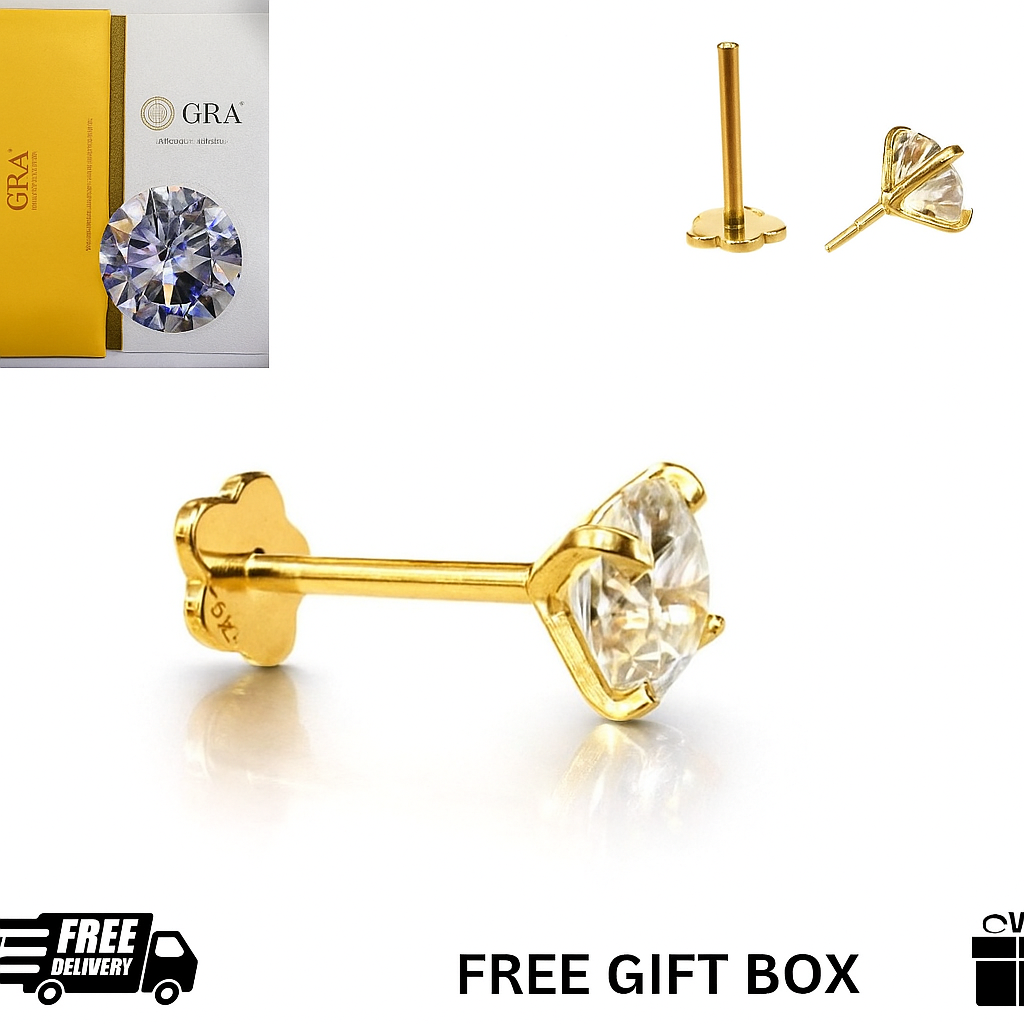 14K Yellow Gold Round Moissanite Barbell Earring With Screw Back