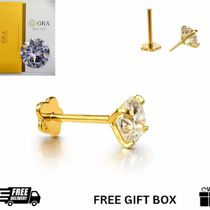 14K Yellow Gold Round Moissanite Barbell Earring With Screw Back