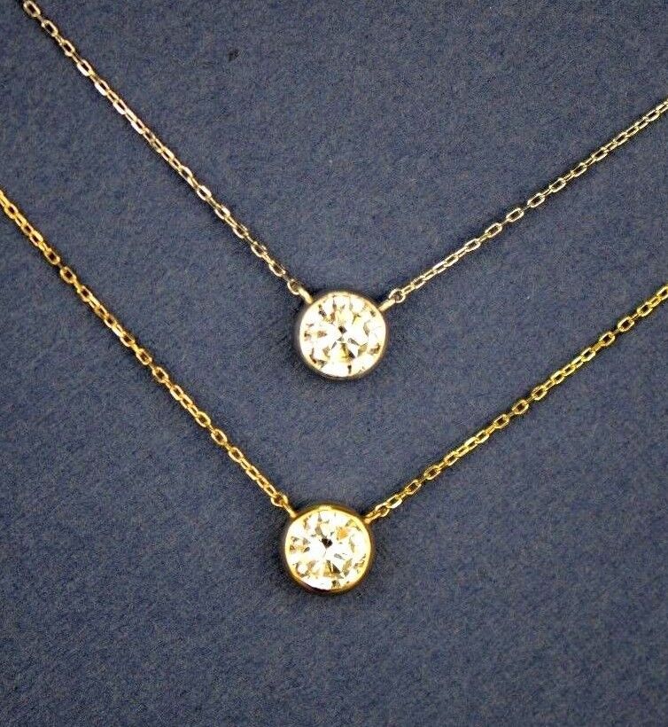 1ct Round Solitaire Pendant Necklace Bezel Set Chain 14K White or Yellow Gold