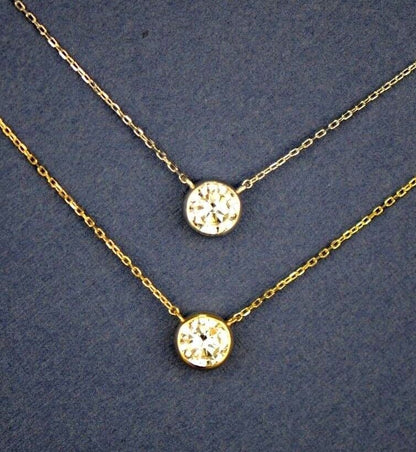1ct Round Solitaire Pendant Necklace Bezel Set Chain 14K White or Yellow Gold