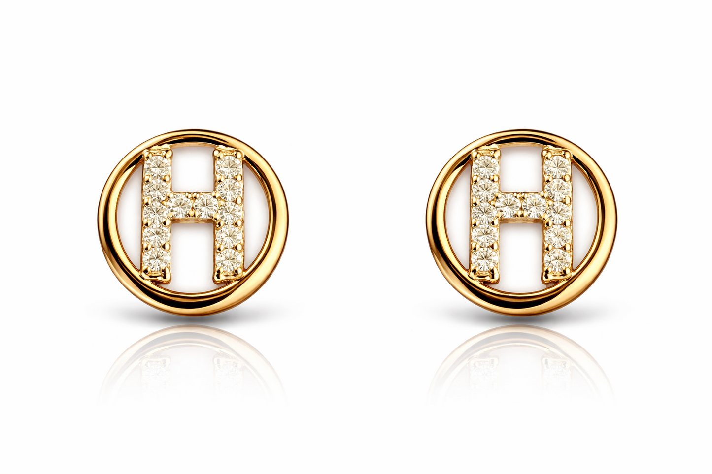 14k Yellow or White Gold Round Initial Letters CZ Stud Earrings